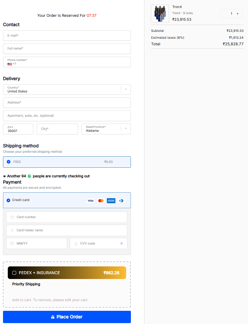 TrimX secure checkout page